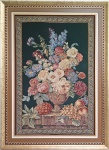 Antiga tapeçaria europeia decorada com vaso de Flores. Assinada com monograma no c.i.d. GRH. Emoldurada. Med. 104 x 70 cm.