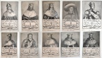 IMPÉRIO PORTUGUÊS -  Séc.XIX - Album com 10 importantes litogravuras com retratos oficiais da linhagem sucessória dos Monarcas de Portugal. Constando nesta coleção os retratos de D. José, D. Fernando, D. Pedro I e D. Affonso, o rei que mandou assassinar a lendária rainha póstuma Inês de Castro, entre outros. Realizadas por Sá e gravadas pela Imprensa Nacional de Portugal. Medida da folha: 19 x12 cm cada.