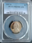 Estados Unidos - Moeda 5 Cents - 1997 (S) - Thomas Jefferson - Certificado PCGS PR69DCAM - Proof - Linda Peça - Flor de Cunho