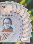 Venezuela - P-104a - Lotão com 10 Cédulas de 20 Bolivares  Soberano 2018 - Flor de Estampa (Sequencial - A numeração das cédulas pode variar, porém a sequência sempre começará com o numeral 1 e terminará com o numeral 0) - América