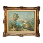 Magnífico e antigo quadro com pintura óleo sobre tela destacando paisagem da Sicilia. Rica moldura e