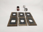 lote 6 espelhos em bronze e 2 maçanetas antigas mede 8 cm x 12 cm e maçaneta 4 cm e 5 cm