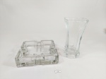 Lote 2 peças em Bloco de Cristal sendo 1 cinzeiro e 1 vaso floreira . mede cinzeiro 16 x 16 cm e vaso floreira 17 x 9