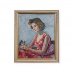 Marie NIVOULIÈS DE PIERREFORT (1879 - 1968) - Retrato de Menina / Óleo sobre Tela colado em Eucatex / Assinado CID / Med. Obra 71 x 58 cm - Med. Moldura 84 x 70 cm