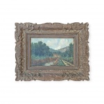 WALTER FEDER (1909 - 1957) - Paisagem com Riacho e Casario / Óleo sobre Tela / Assinado CID / Med. Obra 27  x 41cm - Med. Moldura 51 x 65 cm - Pintor autodidata, recebeu influencia da Escola Impressionante. Participou das coletivas, Salão da Sociedade Brasileira de Belas Artes em 1948 e do I Salão Municipal de Belas Artes no Rio de Janeiro em 1949. Em 1951, recebeu a medalha de Prata no Salão de Belas Artes e em 1952 recebeu a Menção Honrosa.