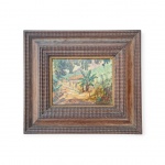 VICENTE LEITE (1900-1941) - "Paisagem com Casario" / Óleo sobre Cartão / Datado 1938 / Assinado CID e Verso / Med. Obra 16 x 21 cm - Med. Moldura 37 x 42 cm - Pintor e desenhista. Recebe bolsa de estudos do governo do Ceará, por volta de 1920. Muda-se para o Rio de Janeiro, onde freqüenta a Escola Nacional de Belas Artes - Enba, entre 1920 e 1926, tendo aulas com Batista da Costa, Rodolfo Chambelland e Lucílio de Albuquerque. Em 1940, recebe o prêmio viagem à Europa, mas é impossibilitado de usufrui-lo devido à guerra.