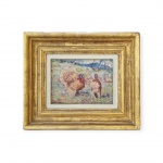JOÃO BAPTISTA DE PAULA FONSECA (1889-1960) - "Paisagem com Aves" / Óleo sobre Madeira / Assinado CIE / Med. Obra 13 x  17,5 cm - Med. Moldura 25,5  x 30 cm  - Aluno da antiga Escola Nacional de Belas-Artes, recebeu orientação de Rudolf Sindeman, e, mais tarde, de João Baptista da Costa. Em 1941, 1943 e 1949, fez parte do júri dos Salões da Sociedade Brasileira de Belas-Artes/RJ. Em 1966, teve mostra retrospectiva póstuma realizada na Escolinha do Pintor, no Rio de Janeiro, promovida por seu filho, também pintor João Batista de Paula Fonseca Júnior. Ocupou, na Academia Brasileira de Belas-Artes, a cadeira cujo patrono é Antonio Parreiras, e que, mais tarde, seria ocupada também por seu filho.