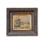 EUGENE LA FORET (1884 - 1955) - Paisagem com Riacho e Barco / Óleo sobre Madeira Industrial / Assinado CID / Med. Obra 20 x 25 cm - Med. Moldura 41 x 47 cm - Pintor Francês erradicado nos EUA.