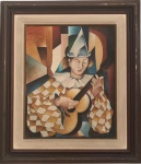 DAMIÃO MARTIN - Obra em óleo sobre tela representando figura de pierrot com instrumento musical, ass