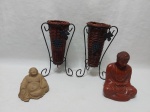 Lote composto de 2 vasos em ratam, Buda em gesso e Ganesha em resina. Medindo o vaso 17cm de altura.