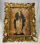 Cusquenho - O.S.T - Belíssima representação de Nossa Senhora em rica policromia, moldura original - dim - 31x28