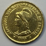 Moeda de ouro - Brasil República - 10.000 réis - 1889. Peso: 8,9g..