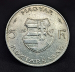 Hungria 5 florins, 1947 - Prata 0.500 - 32mm - KM# 534a - VALOR ESTIMADO ENTRE R$70 e R$80
