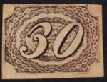 Brasil 1844 - Selo 30 réis Inclinado, tipo I papel fino amarelado, novo sem carimbo em perfeito esta