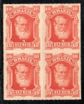 Dom Pedro II - Barba Branca - 10 Réis - nº37. Quadra nova, com goma. Valor de catálogo: 360 UF.