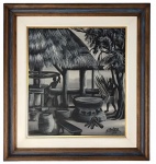 J. FLORENCIO - Obra em óleo sobre tela representando trabalhadores cana de açúcar, assinada e datada