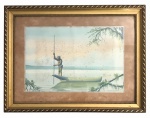RUBENS MANOEL - Obra em aquarela sobre cartão representando figura de índio em barco, assinada no canto inferior direito, protegida por moldura de madeira dourada e vidro transparente. Medida total 26 x 34cm.