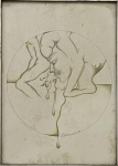 CARLO MAGNO - Desenho sobre cartão representando figuras de nus, assinada, datada 1980, protegida por vidro transparente, paspatur e moldura de madeira. Medida da obra 30 x 22cm. Medida total 55 x 46cm. Acompanha certificado do artista.