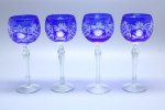 CRISTAL - Conjunto de 4 taças em double cristal, azul e incolor, ricamente lapidado, com estrela no fundo.