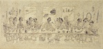 Santiago, estampa reproduzindo caricatura da Última Ceia com temática gaúcha, 1985 (com pontos de oxidação, amassados e perdas) -med. 28x60cm ( estampa) -med. 39,5x71,5cm ( moldura)