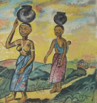Luís Manuel, `Moçambique`, óleo sobre eucatex, representando cena tribal, 1975 -med. 55x53cm ( eucatex) -med. 70x68cm ( moldura)