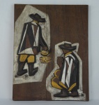 Relevo em madeira representando dois gaúchos no fogo de chão ( assinado ER)  -med. 50x39cm 