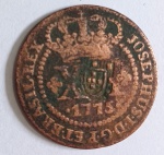Moeda brasileira produzida em cobre de XX Réis, do ano de 1775, com carimbo Escudete.