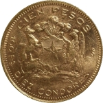 Moeda do Chile - 100 pesos / 10 condores - 1947 - OURO (.900) - 20.1 g - 31 mm - KM# 175