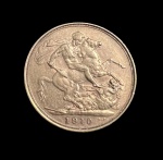 Moeda em ouro 22k, Libra Esterlina, Ano de 1910, diâmetro 22 mm, Peso 8,0 g