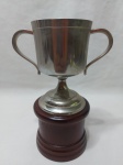 Lindo troféu tipo taça em estanho com base em madeira. Medindo 7,5cm x 17,5cm de altura.