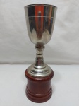 Lindo troféu tipo taça em estanho com base em madeira. Medindo 7cm x 22,5cm de altura.