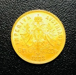 8 Florins 1892 Império Austríaco - Ouro (0,900) - 6,4516 g - 21 mm - KM-2269 - Imperador Francisco J