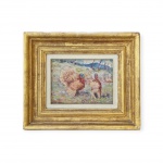 JOÃO BAPTISTA DE PAULA FONSECA (1889-1960) - "Paisagem com Aves" / Óleo sobre Madeira / Assinado CIE / Med. Obra 13 x  17,5 cm - Med. Moldura 25,5  x 30 cm  - Aluno da antiga Escola Nacional de Belas-Artes, recebeu orientação de Rudolf Sindeman, e, mais tarde, de João Baptista da Costa. Em 1941, 1943 e 1949, fez parte do júri dos Salões da Sociedade Brasileira de Belas-Artes/RJ. Em 1966, teve mostra retrospectiva póstuma realizada na Escolinha do Pintor, no Rio de Janeiro, promovida por seu filho, também pintor João Batista de Paula Fonseca Júnior. Ocupou, na Academia Brasileira de Belas-Artes, a cadeira cujo patrono é Antonio Parreiras, e que, mais tarde, seria ocupada também por seu filho.