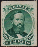 Brasil 1876 - Selo 100 réis verde, percé tipo 1, aberto, fechado, interrompido e aberto, sem carimbo