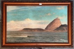 Theodor Gaede, quadro, pintura óleo sobre tela, representando paisagem da enseada Baía de Guanabara,