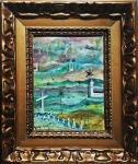 GUIGNARD, óleo sobre madeira, representando paisagem com casario, medida interna 22 x 29 cm, medida