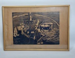 CIRO FERNANDES - Quadro Xilogravura representando - MOAGEM -  Assinada na chapa.  Moldura em madeira, proteção de vidro. Medida: 49 cm x 34 cm x 2 cm.  Ciro Fernandes nasceu em 31 de janeiro de 1942 em Uiraúna, cidade do alto sertão da Paraíba. A arte de Ciro Fernandes é variada, mas está pautada especialmente no mundo da literatura de cordel e, sobretudo na cultura nordestina. Além de desenhista, pintor e gravador, Ciro também é poeta. foi ilustrador do Jornal do Brasil e fez modelo vivo com o pintor Bandeira de Melo. Fez pinturas, desenhos e xilogravuras, inclusive capas de livros para Orígenes Lessa, Raquel de Queiroz, Ana Maria Machado, Gilberto Freire etc.