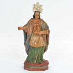 Santa Cecília. Excepcional imagem sacra executada em madeira policromada, olhos de vidro e resquício