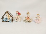 Lote 5 peças decorativas sendo 1 casinha em vidro e 4 enfeites esculturas  em resina  erepresentando Bailarinas e 1 anjinho mede maior 8 cm e menor 6 cm sendo 1 bailarina com perda no Pé