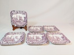 Wood & Sons England - Jogo de 6 Pratos sobremesa  quadrado  em faiança inglesa com cena Castelo  tonalifdade  rosa  mede 13 x 13 cm 1 pequenas manchas