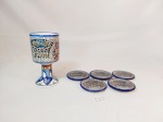 Jogo Taça com 5 porta copos em ceramica pintada  origem judaica. mede taça 16 cm x 8 cm e porta copos 8 cm