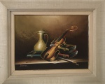 Belíssimo quadro pintado a óleo sobre tela -VIOLINO- com moldura em pátina bege. CIE: FLONEL. CID:ASS NÃO LEGÍVEL. Medida:45x56cm.