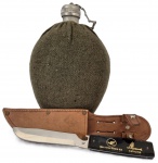 Antigo cantil Eub nominal, pós segunda guerra em alumínio com capa no tom verde milita. Med: 20cm. E uma faca Colon inox, com cabo em acrílico. Acompanha belíssima bainha em couro. Confeccionada para a antiga marca Malharia Águia.