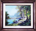 Néa Xavier em oleo s/ tela "Paisagem Lacustre - O Camino do Lago" identificado no verso com 46 x 55 cm e moldura em madeira escura. Tela de 46 x 56 cm e moldura de 68 x 78 cm. Obs: peça deverá ser retirada em casa da cliente na Rua Dias da Rocha  em Copacabana após o pagamento, mediante agendamento.