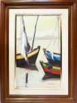 Néa Xavier em óleo s/ tela marinha intitulado "Barcos a vela" assinado no c.i.d. medindo 42 x 24 cm. Moldura em madeira clara e paspatur bege e dourado, medindo 58 x 40 cm.