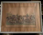 Antiga gravura francesa, tema cavalos, " Le Retour des Chevaux Pur-Sang Anglais de La Promenade", J.Lami  sculps, 60x76 cm. moldura bem antiga, +/- 80 anos, pouco arqueada pelo tempo, gravura bom estado por tantos anos.