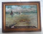 Antigo quadro "Marinha" pintura a óleo, assinado, medidas 47x36cm,