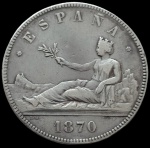 Espanha - 1870 - 5 Pesetas - Prata 0.900, 25g,  37mm - Marca S.N. M - Ótimo estado.