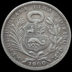 Perú - 1900 - 1/5 Sol - Prata 0.900, 5g, 23mm - Letra JF - Escassa.