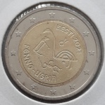 Estônia - 2021 - 2 Euros - Comemorativa - Povos finno-úgricos - Bimetálica, 8.5g, 25.75mm - FC - O plástico do coin holder apresenta reflexos na fotografia.